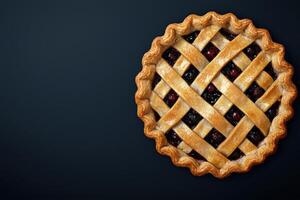 Overhead shot of a delicious blueberry pie with a lattice crust on a dark background photo