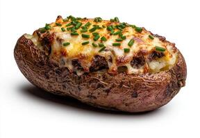 a baked potato topped with cheese and chives photo