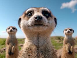 Three meerkats looking at the camera in a sunny field photo