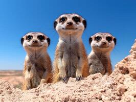 Three meerkats looking at the camera in the desert photo