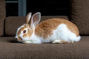 Adorable brown and white rabbit relaxing on a couch photo