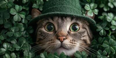 Close up of a tabby cat wearing a green leprechaun hat, peeking out from a patch of shamrocks photo