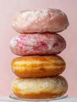 Stack of four assorted donuts on a glass plate photo