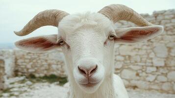 Close up portrait of a white goat with large horns photo