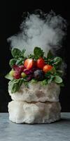 Fresh fruit and vegetables on a Himalayan salt rock, with dry ice smoke photo