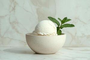 A scoop of vanilla ice cream in a small bowl with a sprig of mint photo