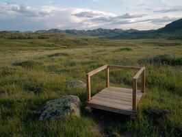 Wooden platform overlooking a vast grassy plain and distant mountains under a partly cloudy sky photo