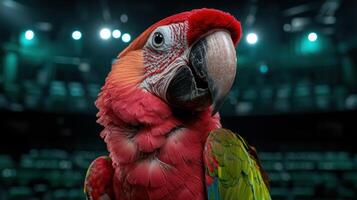 Close up portrait of a scarlet macaw in a theater setting photo