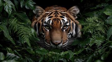 Closeup of a tiger peering from behind lush green foliage photo
