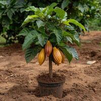 Young cacao tree in a pot with ripe pods photo