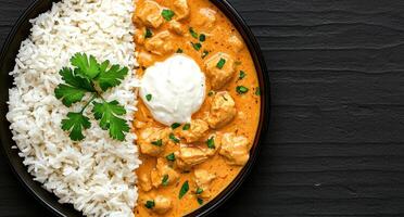 Overhead view of chicken tikka masala with rice and yogurt photo