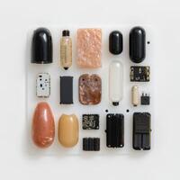 Collection of various small objects arranged on a white surface photo