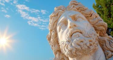 Close up of a serene stone statue face against a bright blue sky photo