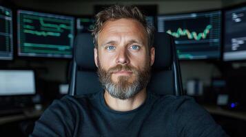 Portrait of a focused businessman in his office, surrounded by multiple computer screens displaying stock market data photo