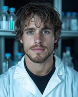 a man in a lab coat standing in front of a shelf photo