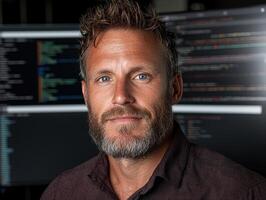 Portrait of a smiling man with a beard, in front of computer screens displaying code photo