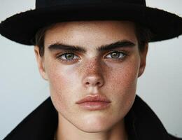 Close up portrait of a young woman with freckles and a black hat photo