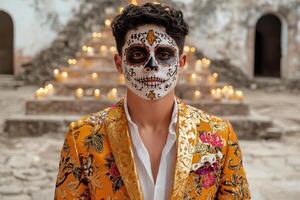 Man in ornate jacket with sugar skull makeup for Dia de los Muertos photo