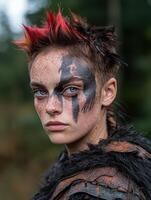 Fierce female warrior with red mohawk and face paint photo