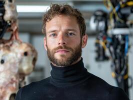 Portrait of a man in a turtleneck sweater, in a robotics lab photo