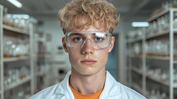 a young man in a lab coat and goggles photo