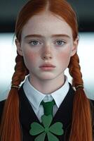 Portrait of a young girl with red hair and freckles wearing a school uniform photo