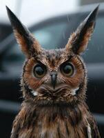 Close up of a wet owl with large ears in the rain photo