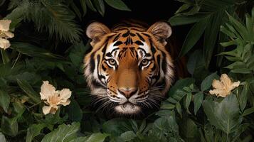 Closeup of a tigers face peering from a lush jungle photo