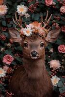 Fawn with flower crown in a garden photo