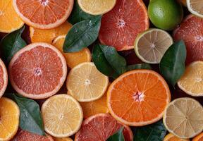 Assorted citrus fruits background, overhead shot photo