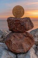 Bitcoin cryptocurrency coin on balanced rocks at sunset photo