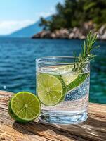 Refreshing summer cocktail with lime and rosemary by the sea photo