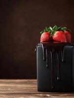 Chocolate covered strawberries on a black gift box photo