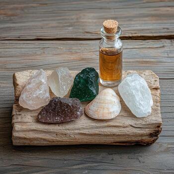 esencial petróleo botella y curación cristales en rústico madera foto