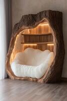 Unique tree trunk couch with built in shelves and warm lighting photo