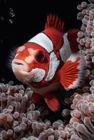 Close up of a vibrant red and white ocellaris clownfish in its anemone home photo