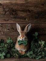 Adorable bunny rabbit wearing a green bow tie surrounded by shamrocks photo