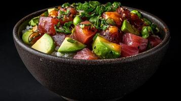 a bowl of sushi with avocado, tuna and green onions photo