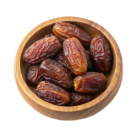 Organic dates in rustic wooden bowl isolated on clear background png