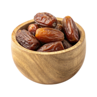 Wholesome dates in a rustic wooden bowl on a transparent background png