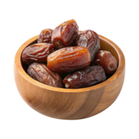 Dry dates in a charming wooden bowl isolated on transparent background png