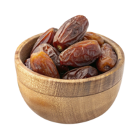 Premium dates displayed in a wooden bowl on a clear background png