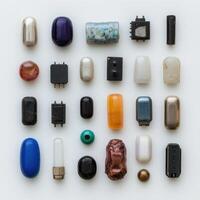 Collection of small objects arranged on a white background photo