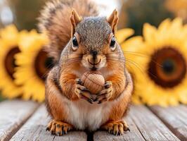 Adorable squirrel holding an acorn in front of sunflowers photo