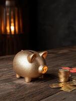 Golden piggy bank with stack of coins on wooden table photo