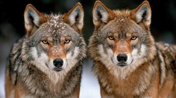 Two majestic wolves staring intensely into the camera, snow on their fur photo