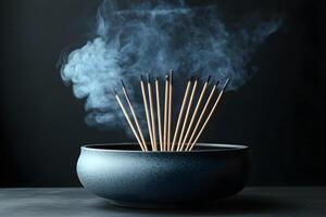 Aromatic Incense Sticks in Ceramic Bowl with Smoke Trail for Meditation and Relaxation photo