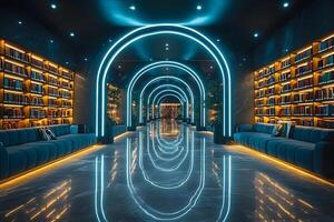 Futuristic Library Lounge with Neon Arches and Illuminated Bookshelves for Modern Design Inspiration photo