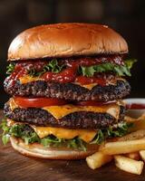 a large hamburger with cheese, lettuce and ketchup photo