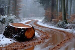 Serene Winter Forest Path with Snow and Tree Stump in Misty Atmosphere photo